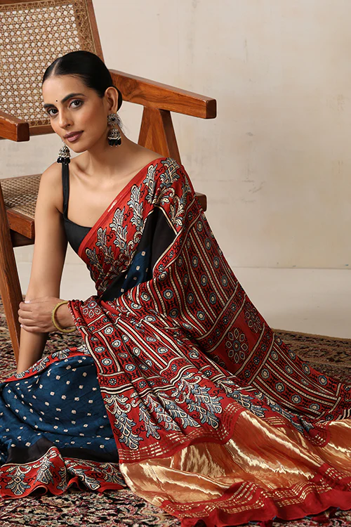 Jahangir Khatri - Red & Prussian Blue Ajrakh & Bandhani Modal Tissue Pallu Saree - Image 5