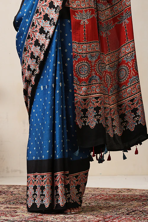 Jahangir Khatri - Red & Sky Blue Ajrakh & Bandhani Modal Saree - Image 3