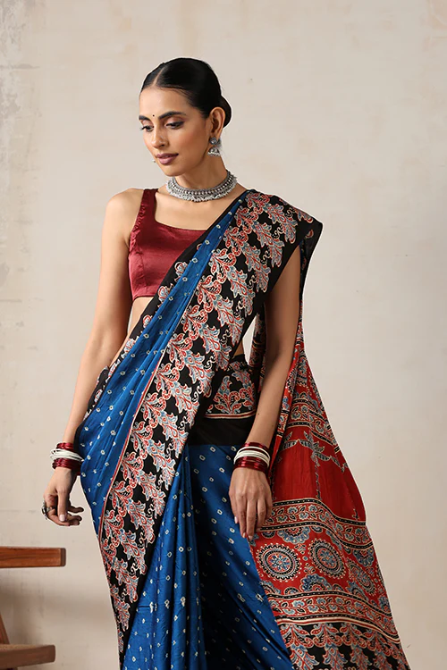 Jahangir Khatri - Red & Sky Blue Ajrakh & Bandhani Modal Saree - Image 6