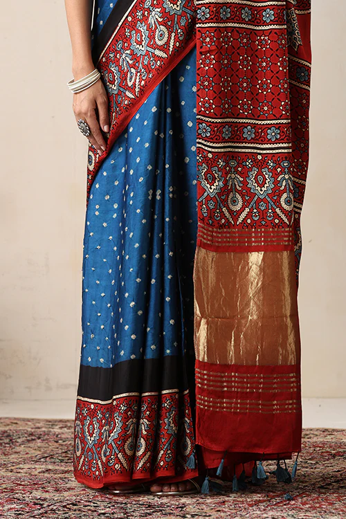 Jahangir Khatri - Red & Sky Blue Ajrakh & Bandhani Modal Tissue Pallu Saree - Image 3