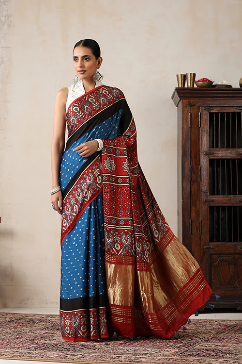 Jahangir Khatri - Red & Sky Blue Ajrakh & Bandhani Modal Tissue Pallu Saree - Image 5