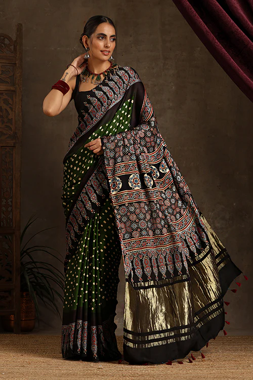 Jahangir Khatri - Black & Green Ajrakh & Bandhani Modal Tissue Pallu Saree