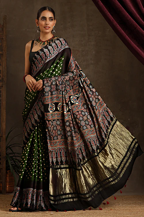 Jahangir Khatri - Black & Green Ajrakh & Bandhani Modal Tissue Pallu Saree - Image 2