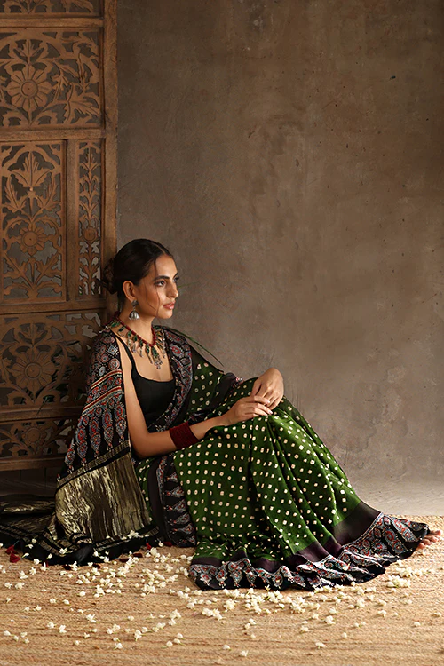 Jahangir Khatri - Black & Green Ajrakh & Bandhani Modal Tissue Pallu Saree - Image 5