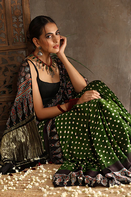 Jahangir Khatri - Black & Green Ajrakh & Bandhani Modal Tissue Pallu Saree - Image 6
