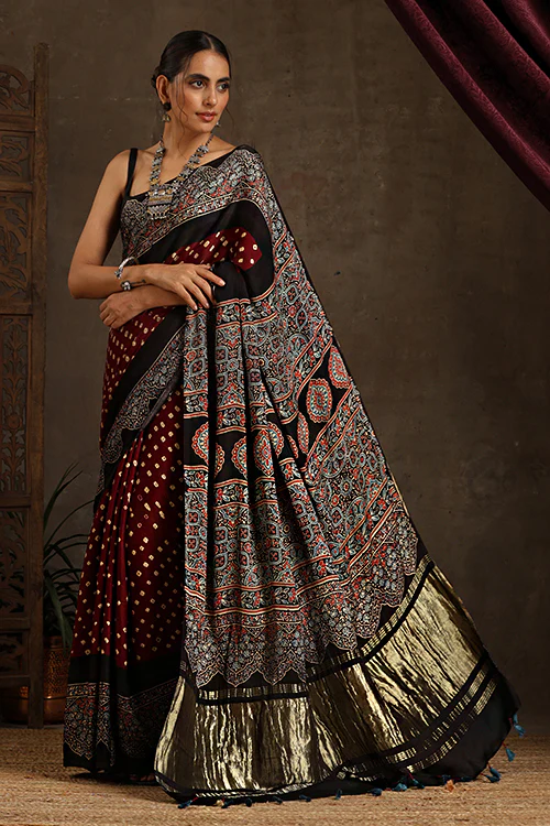Jahangir Khatri - Black & Dark Maroon Ajrakh & Bandhani Modal Tissue Pallu Saree - Image 3