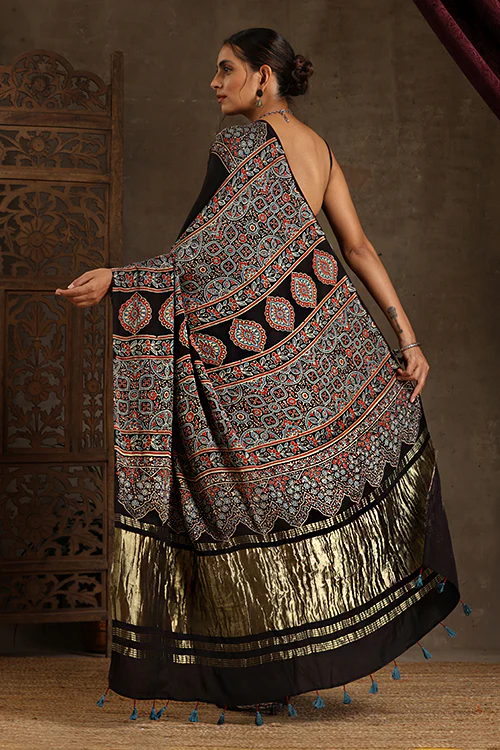 Jahangir Khatri - Black & Dark Maroon Ajrakh & Bandhani Modal Tissue Pallu Saree - Image 6