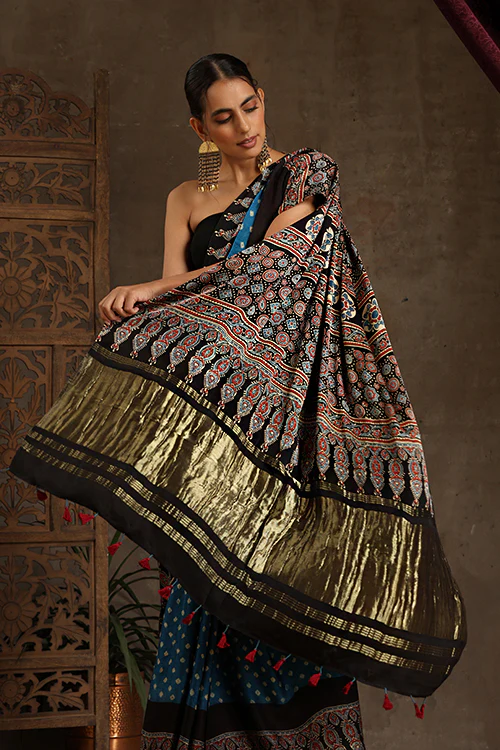 Jahangir Khatri - Black & Sky Blue Ajrakh & Bandhani Modal Tissue Pallu Saree - Image 3