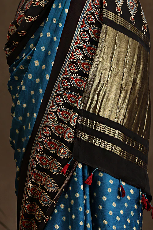 Jahangir Khatri - Black & Sky Blue Ajrakh & Bandhani Modal Tissue Pallu Saree - Image 4