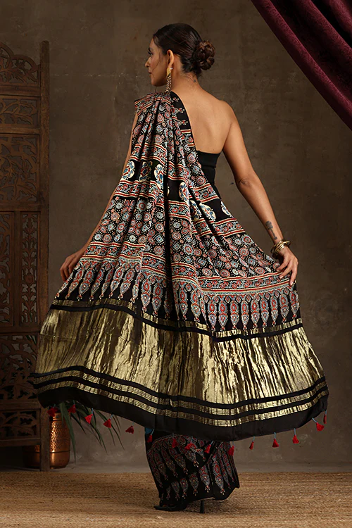 Jahangir Khatri - Black & Sky Blue Ajrakh & Bandhani Modal Tissue Pallu Saree - Image 5