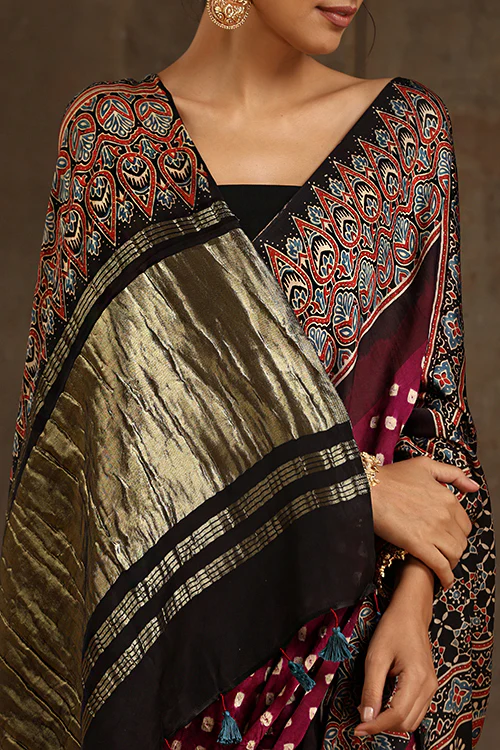 Jahangir Khatri - Black & Magenta Ajrakh & Bandhani Modal Tissue Pallu Saree - Image 2