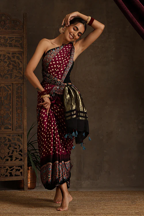 Jahangir Khatri - Black & Magenta Ajrakh & Bandhani Modal Tissue Pallu Saree - Image 3