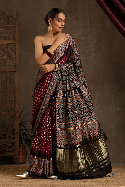 Jahangir Khatri - Black & Magenta Ajrakh & Bandhani Modal Tissue Pallu Saree - Image 5