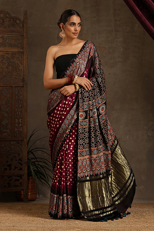 Jahangir Khatri - Black & Magenta Ajrakh & Bandhani Modal Tissue Pallu Saree - Image 6