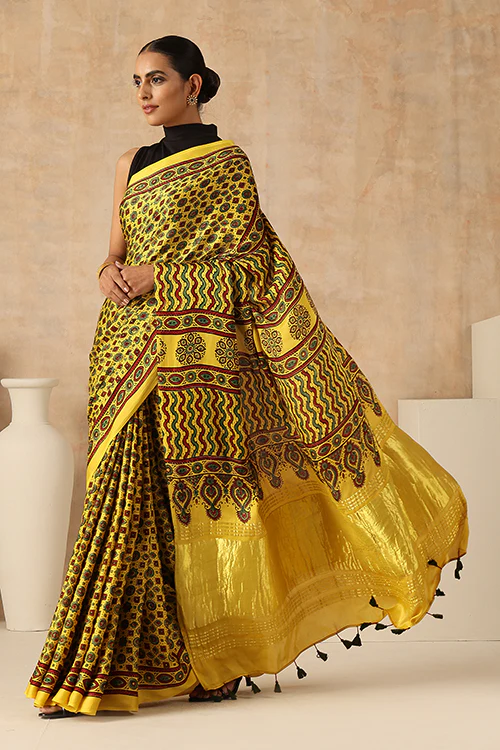 Jahangir Khatri - Yellow Ajrakh Modal Tissue Pallu Saree
