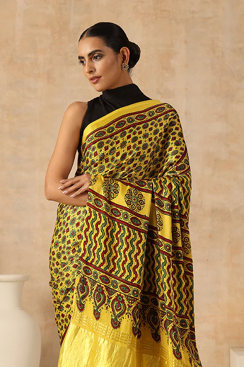 Jahangir Khatri - Yellow Ajrakh Modal Tissue Pallu Saree - Image 4