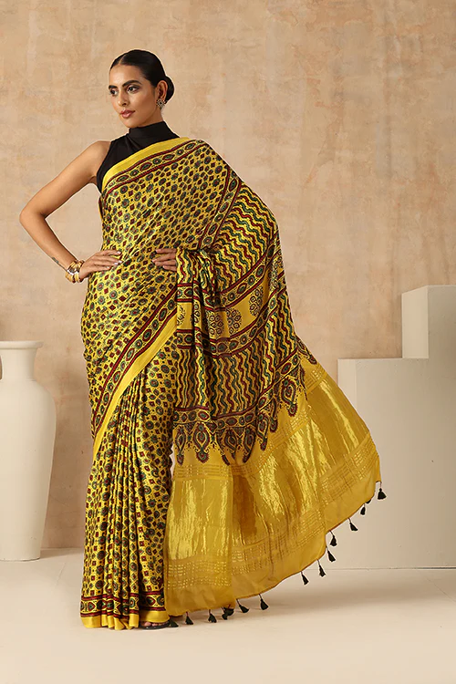 Jahangir Khatri - Yellow Ajrakh Modal Tissue Pallu Saree - Image 5