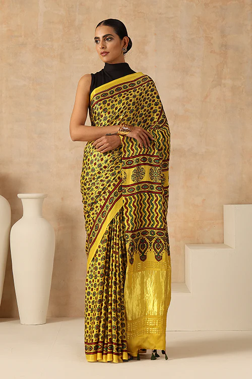 Jahangir Khatri - Yellow Ajrakh Modal Tissue Pallu Saree - Image 6