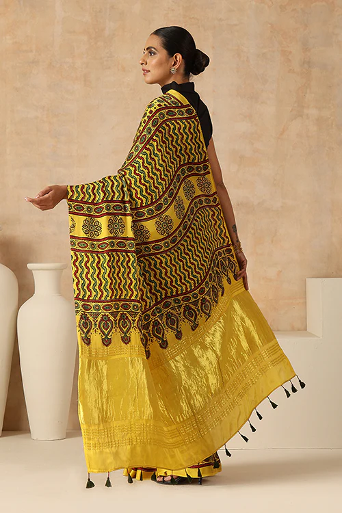Jahangir Khatri - Yellow Ajrakh Modal Tissue Pallu Saree - Image 8