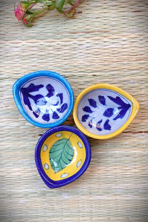 Terracotta by Sachii Jaipur Blue Pottery Re-Usable Diyas Set Of 3