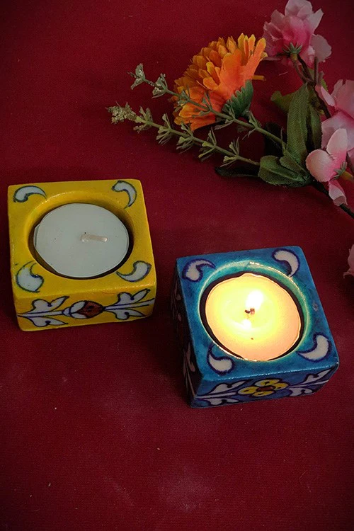Terracotta by Sachii Jaipur Blue Pottery T-Light Holder Set Of 2