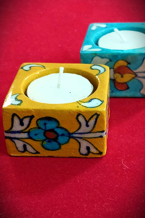 Terracotta by Sachii Jaipur Blue Pottery T-Light Holder Set Of 2 - Image 2