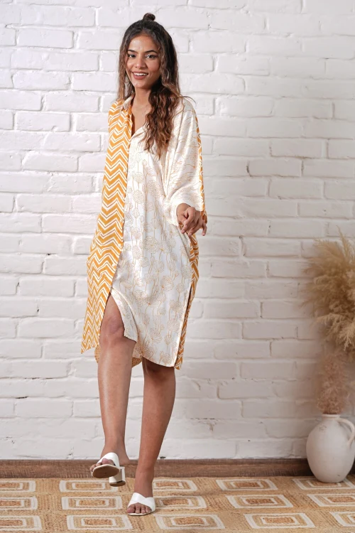 Sooti Syahi Jazzie Yellow Hand Block Printed Oversize Shirt - Image 3