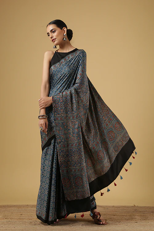 Jahangir Khatri - Indigo Blue Ajrakh Modal Saree - Image 2