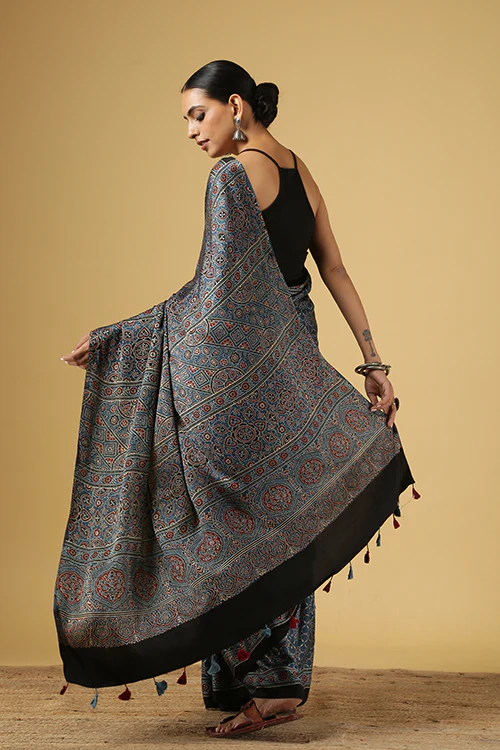 Jahangir Khatri - Indigo Blue Ajrakh Modal Saree - Image 3