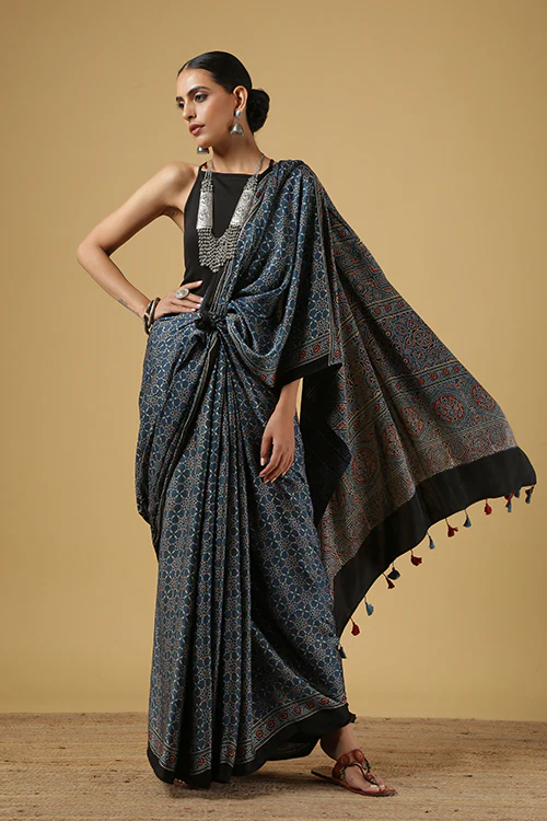 Jahangir Khatri - Indigo Blue Ajrakh Modal Saree - Image 4