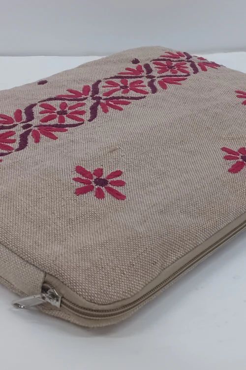 Samuday Craft Jute Chikankari Hand Embroidery Laptop Sleeve- Red And Maroon - Image 3