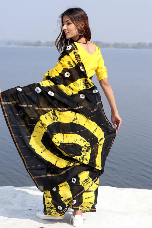 Sooti Syahi "Kaali Peeli" Bandhni Chanderi Saree - Image 3