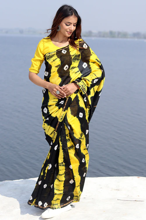 Sooti Syahi "Kaali Peeli" Bandhni Chanderi Saree - Image 5
