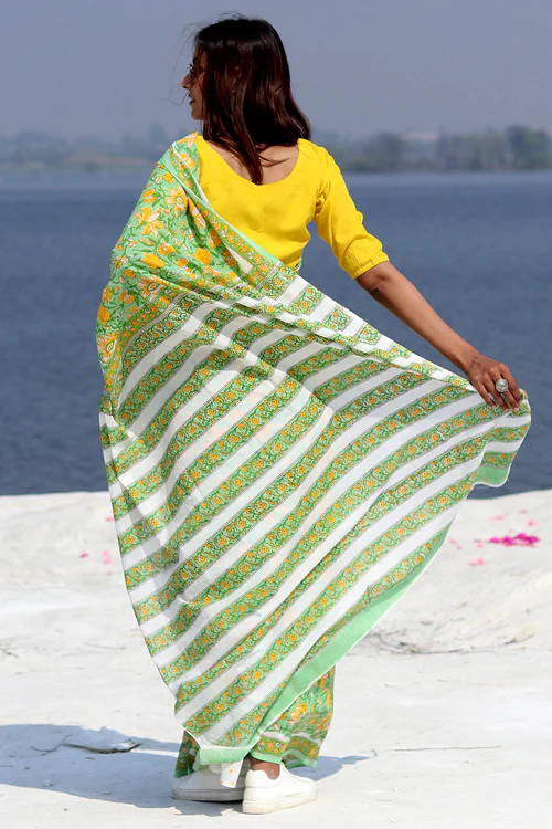 Sooti Syahi "Kaccha Aam" Block Printed Cotton Saree - Image 2