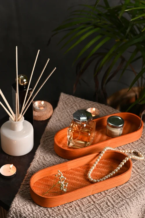 Kadam HaatHandmade Bamboo Bedside Tray - (Set of 2) - Orange - Image 2