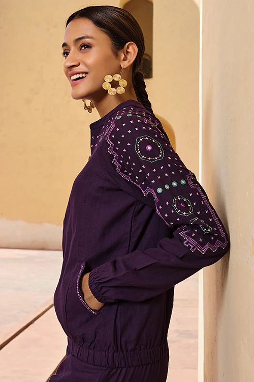 Okhai "Kalyanaka" Hand Embroidered Mirror and Beadwork Pure Cotton Bomber Jacket - Image 3