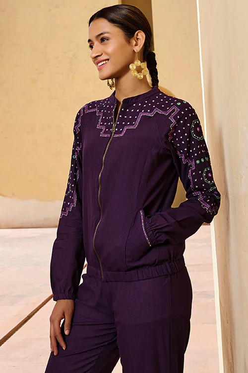 Okhai "Kalyanaka" Hand Embroidered Mirror and Beadwork Pure Cotton Bomber Jacket - Image 5
