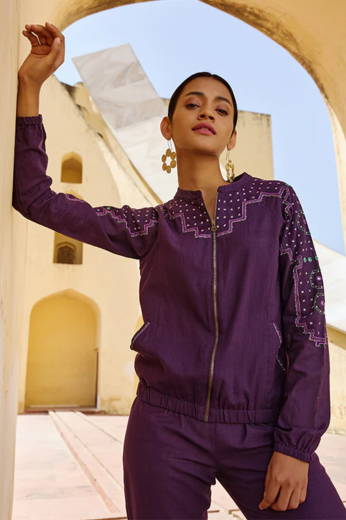 Okhai "Kalyanaka" Hand Embroidered Mirror and Beadwork Pure Cotton Bomber Jacket - Image 7