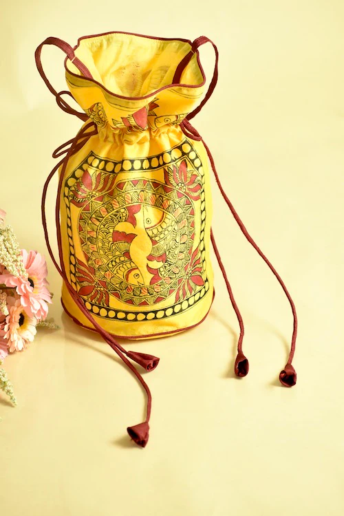 "Kamal Sarita" Silk Handpainted Madhubani Potli - Image 2