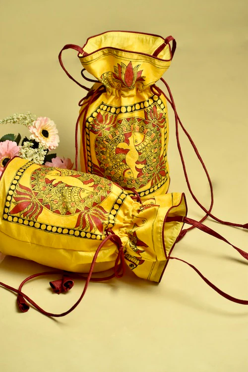 "Kamal Sarita" Silk Handpainted Madhubani Potli - Image 4