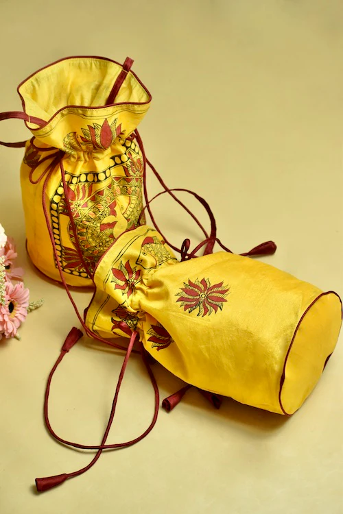 "Kamal Sarita" Silk Handpainted Madhubani Potli - Image 5