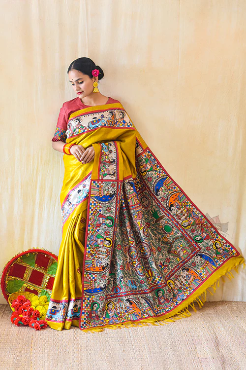 Madhubani Paints Handpainted Madhubani KOHBAR SWAYAMBAR Tussar Silk Saree - Image 3