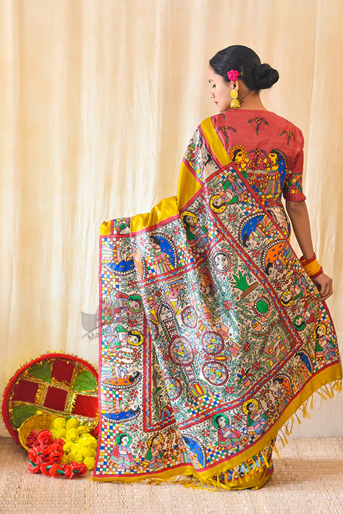 Madhubani Paints Handpainted Madhubani KOHBAR SWAYAMBAR Tussar Silk Saree - Image 4
