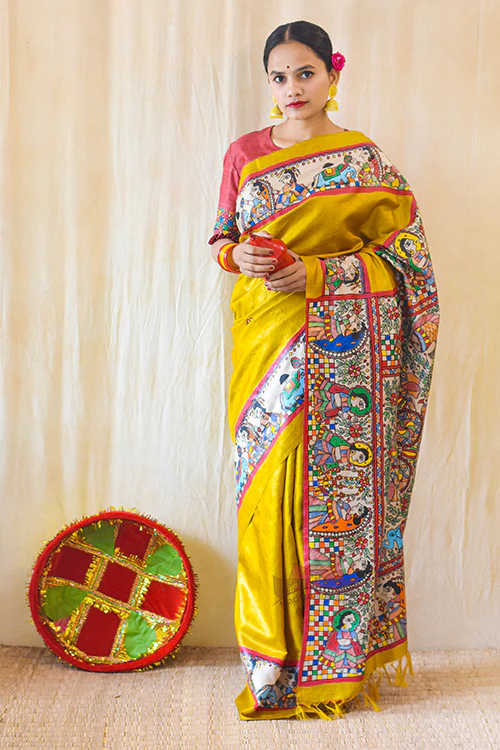 Madhubani Paints Handpainted Madhubani KOHBAR SWAYAMBAR Tussar Silk Saree - Image 5