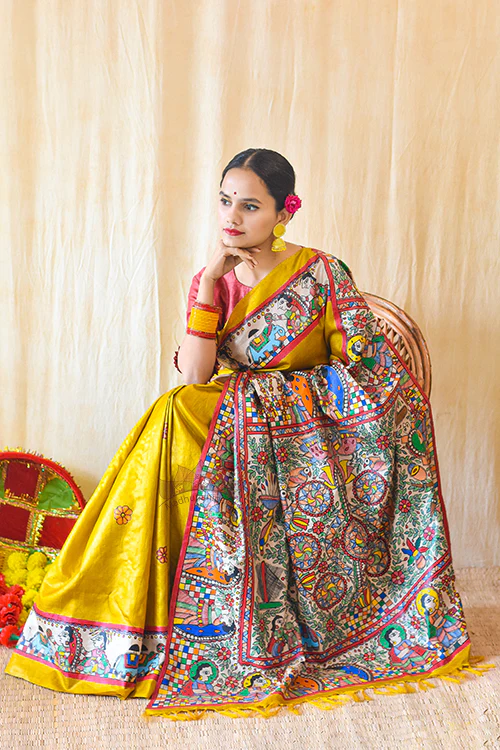 Madhubani Paints Handpainted Madhubani KOHBAR SWAYAMBAR Tussar Silk Saree - Image 6