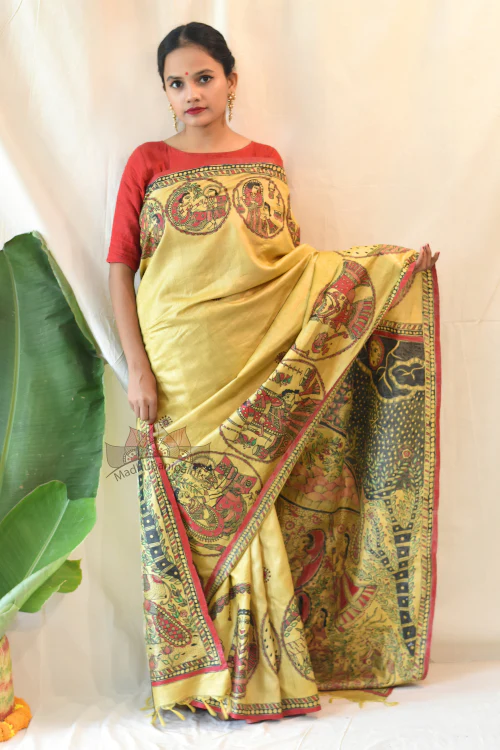 Madhubani Paints Handpainted Madhubani 'Krishna Jeevan Katha' Tussar Silk Saree - Image 2