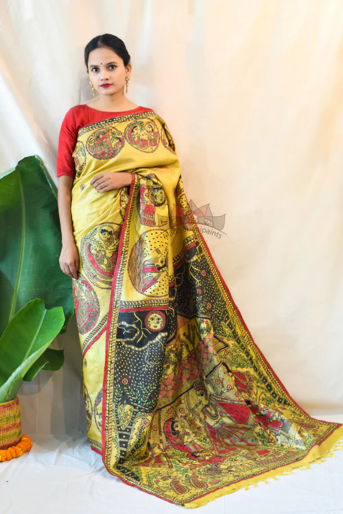 Madhubani Paints Handpainted Madhubani 'Krishna Jeevan Katha' Tussar Silk Saree - Image 3
