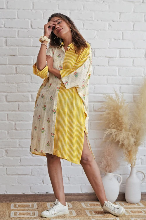 Sooti Syahi Krissy In Yellow Hand Block Printed Oversize Shirt - Image 2