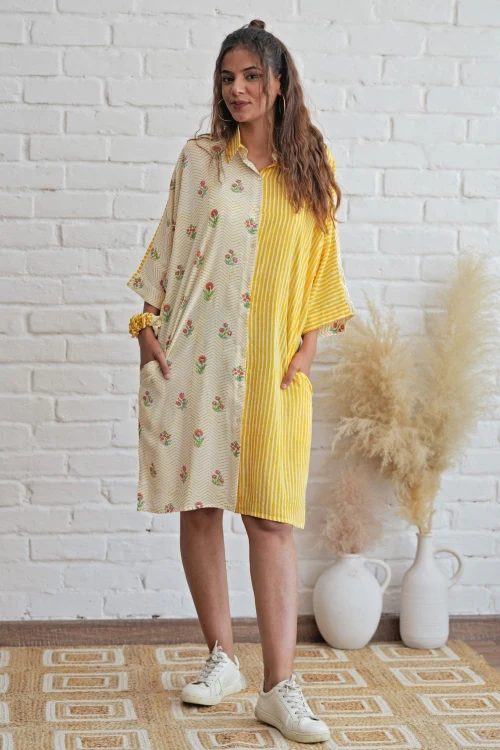 Sooti Syahi Krissy In Yellow Hand Block Printed Oversize Shirt - Image 4