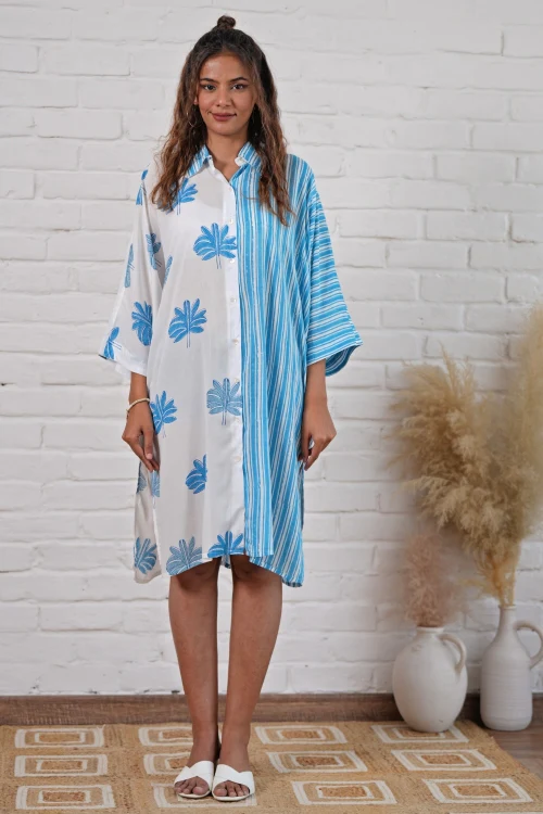 Sooti Syahi Kristen In Blue Hand Block Printed Oversize Shirt